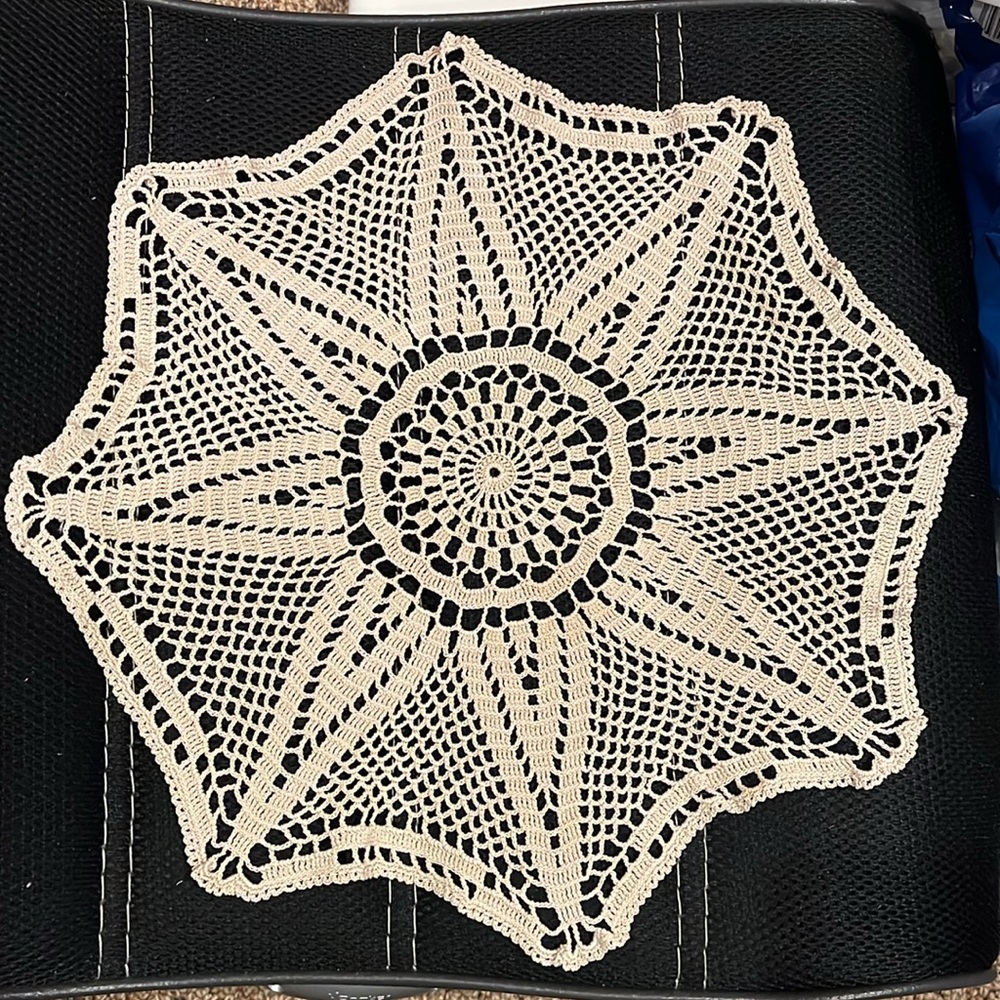 Vintage Handmade Crocheted Cotton Lace Doily 15” octagonal star open weave doily
